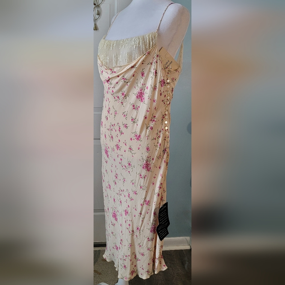 Victoria's Secret Vintg 90's Drape Neck Ruffled Midi Dress Womens 14 Peach Flora - Picture 2 of 15